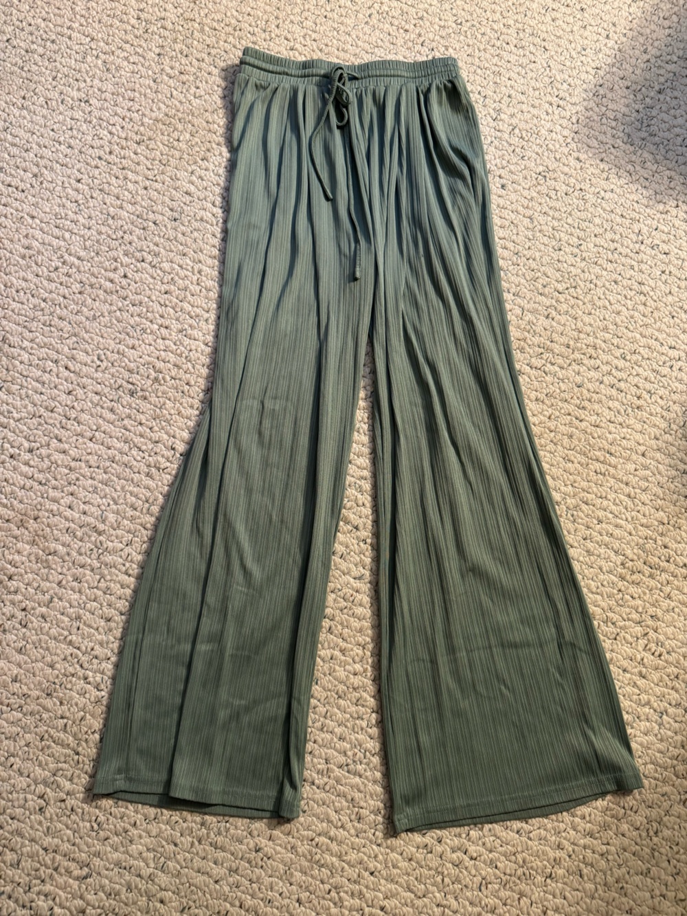 Cider Olive Green Ribbed Wide-Leg Drawstring Pants